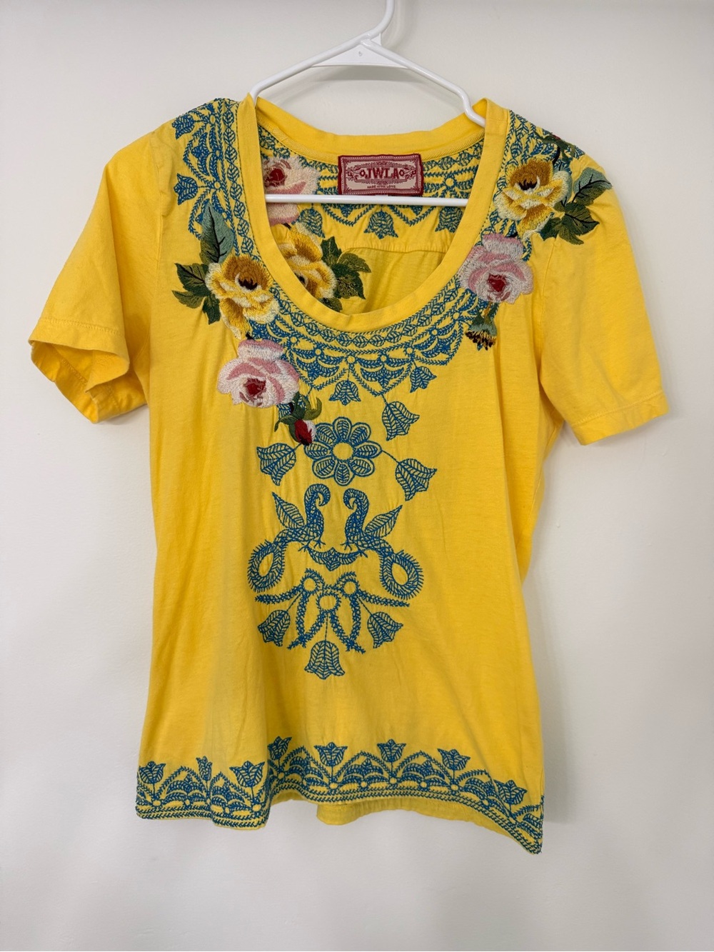 Johnny Was Yellow Short-Sleeve Embroidered Floral Tee